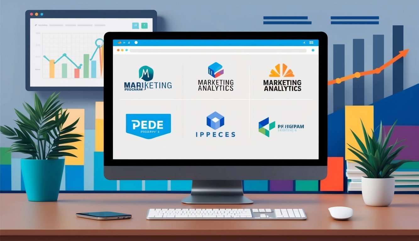 A computer screen displaying seven marketing analytics program logos with a chart and graph in the background