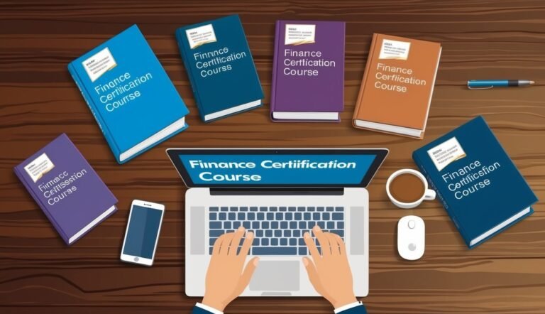 Laptop, books, and coffee cup on a wooden table, finance certification course