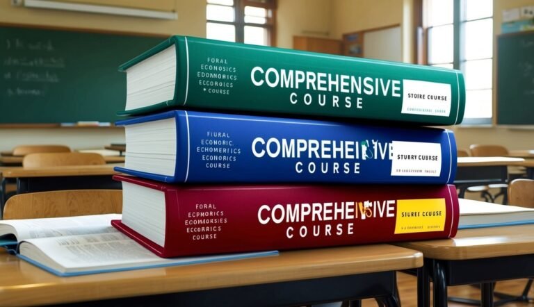 Three "Comprehensive Course" textbooks stacked on a desk in a classroom