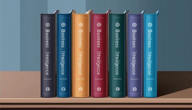 Seven colorful books titled "Business Intelligence" on a wooden shelf