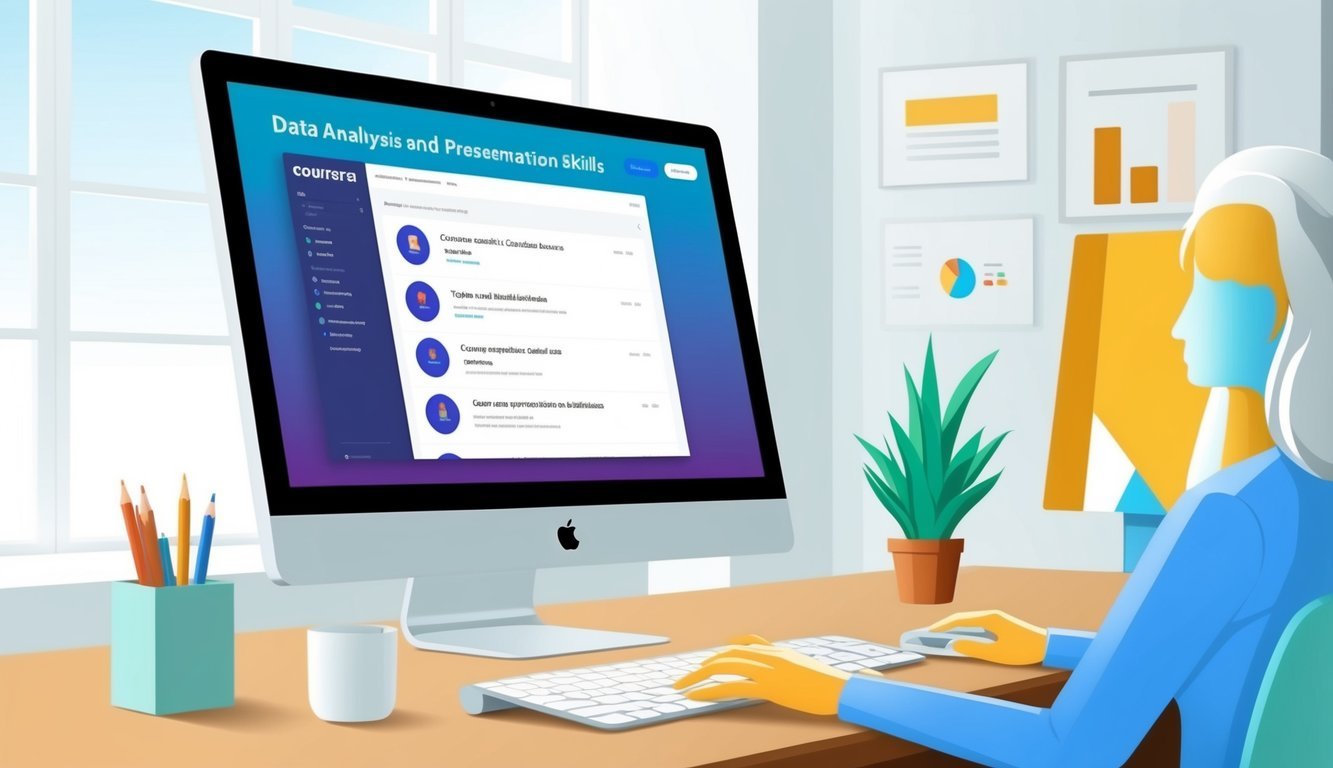 A computer screen displaying the top 5 business intelligence courses on Coursera's 'Data Analysis and Presentation Skills' page