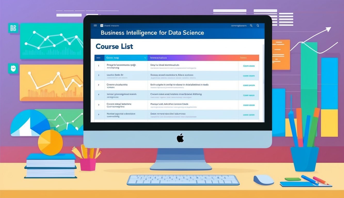 A computer screen displaying the 'Business Intelligence for Data Science' course list with colorful graphs and charts in the background