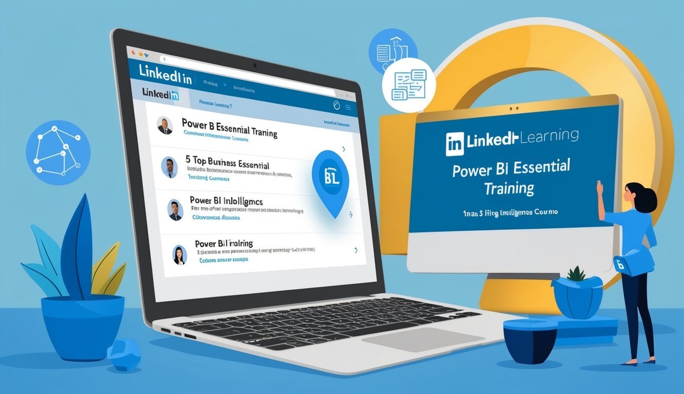 A computer screen displaying LinkedIn Learning's 'Power BI Essential Training' among 5 top business intelligence courses