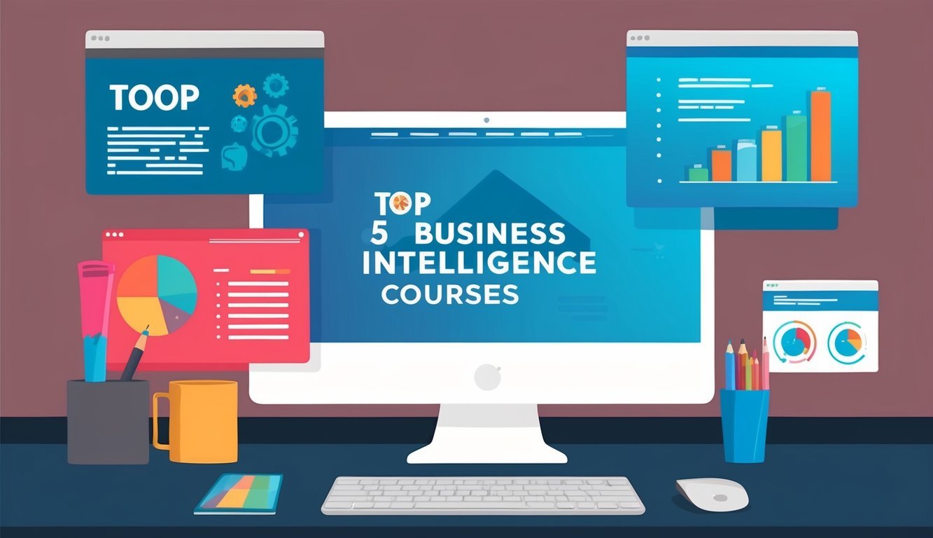 A computer screen displaying five top business intelligence courses with data visualization graphics