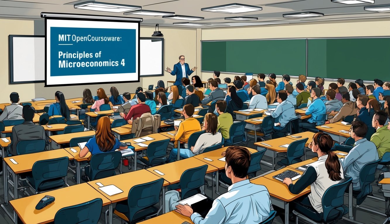 A bustling classroom with rows of students, a projector displaying the MIT OpenCourseWare: Principles of Microeconomics 4, and a professor lecturing at the front