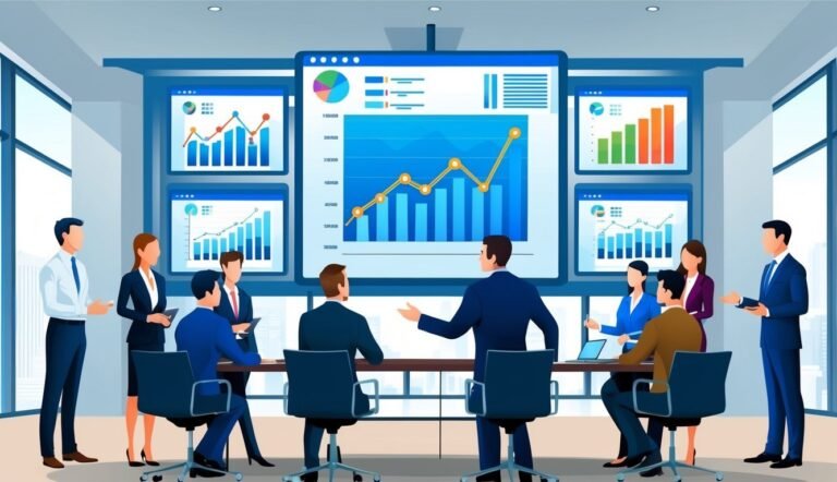 Business team in a meeting, looking at financial charts on screens