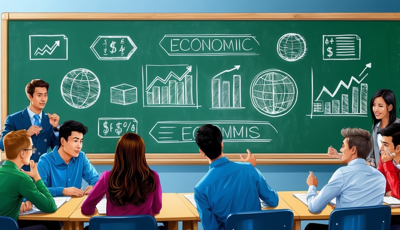 A classroom setting with various economic symbols and graphs on a chalkboard, surrounded by students engaged in discussion and study