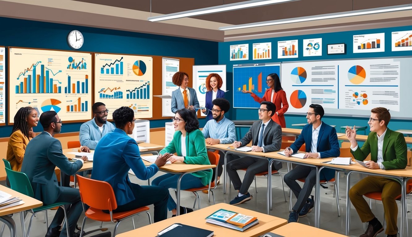 A classroom with diverse students engaged in discussions, surrounded by charts, graphs, and economic models on the walls