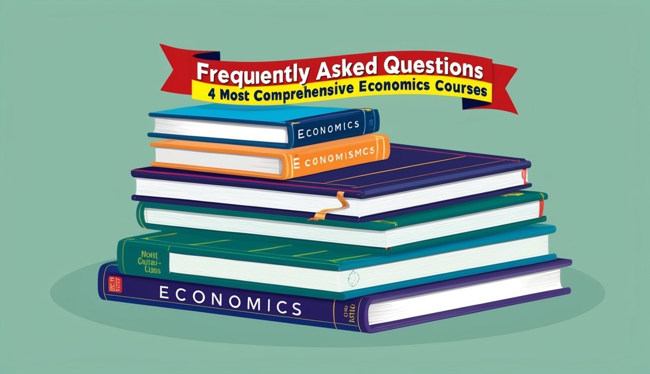 A stack of textbooks on economics with a banner reading "Frequently Asked Questions 4 Most comprehensive economics courses" displayed prominently