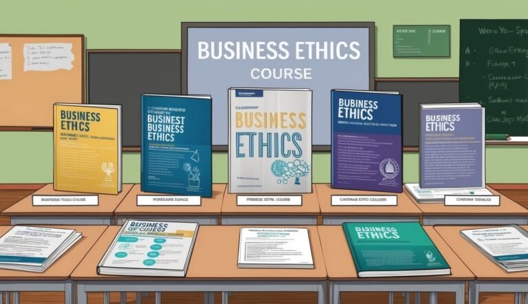 Books and papers on desks with "Business Ethics" course title on board