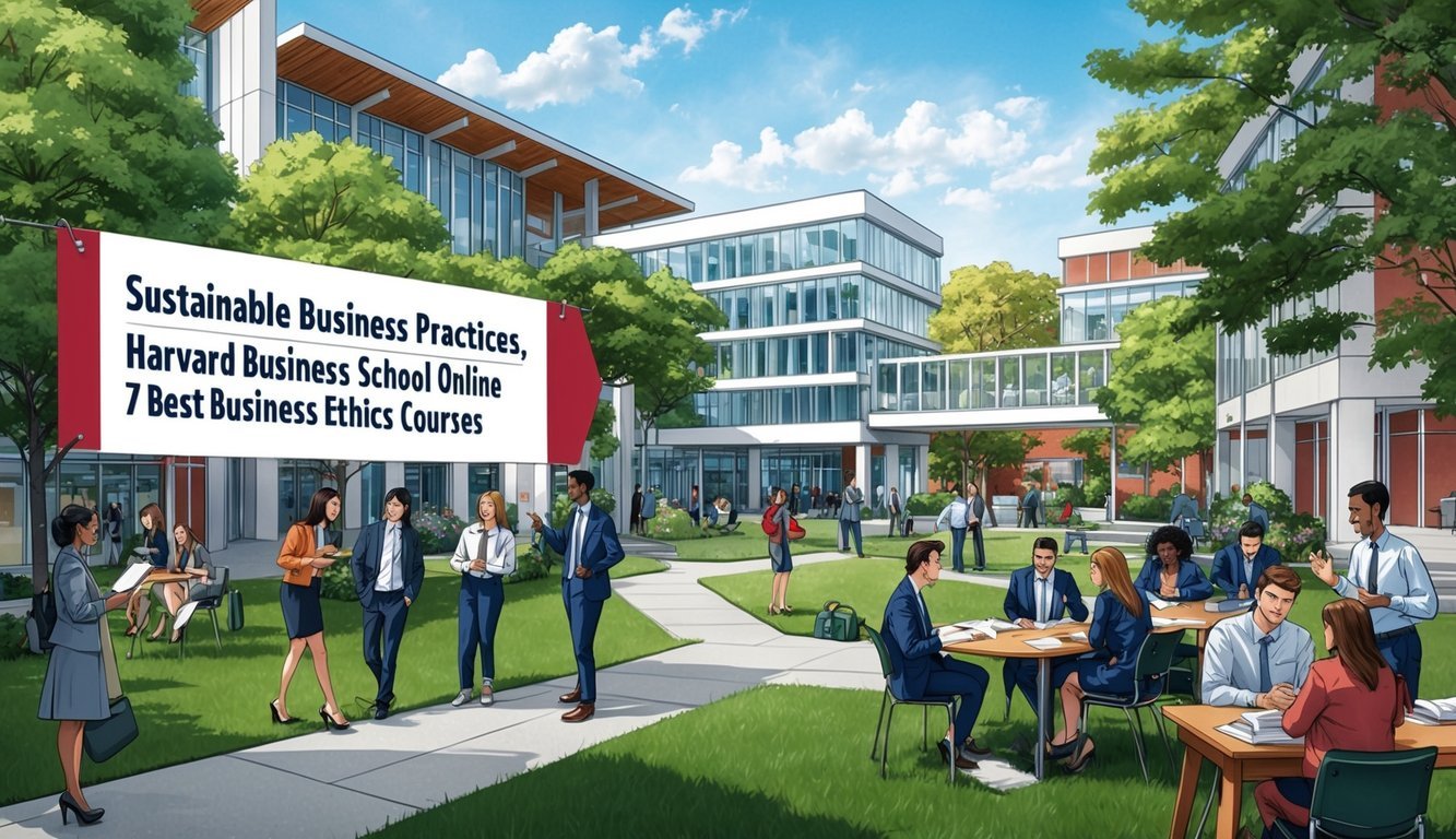 A bustling campus with modern architecture and green spaces, students engaging in discussions, and a banner promoting "Sustainable Business Practices, Harvard Business School Online 7 Best business ethics courses."