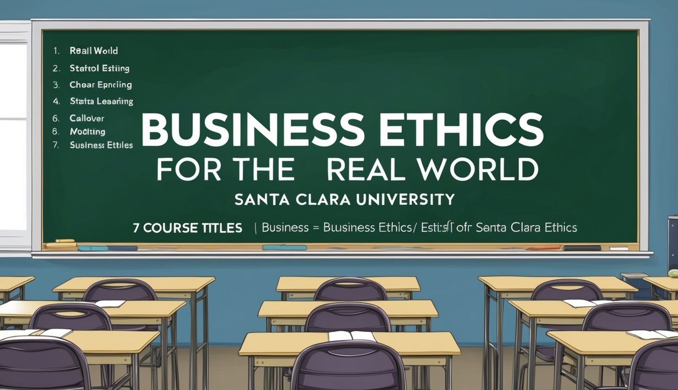 A classroom setting with a chalkboard displaying the title "Business Ethics for the Real World, Santa Clara University" and 7 course titles listed below