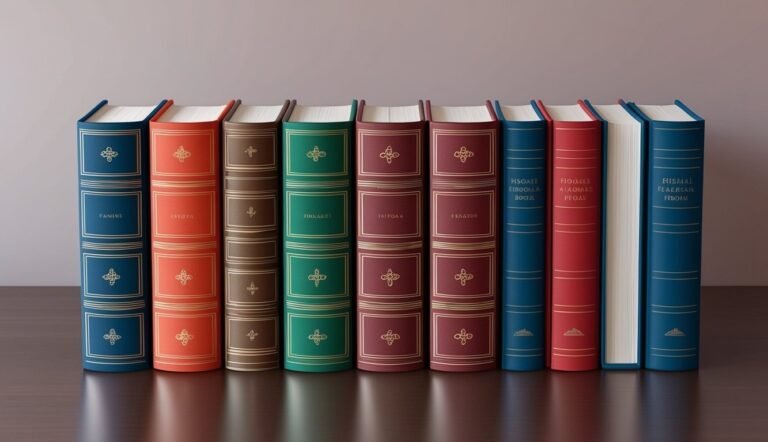 Row of colorful, decorative books with gold accents on a dark surface