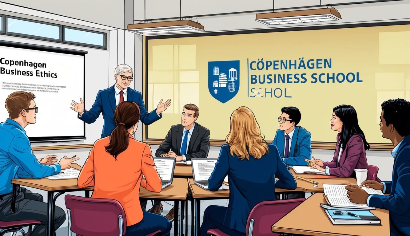 A classroom setting with a lecturer and students engaged in a discussion about business ethics.</p><p>The Copenhagen Business School logo is visible in the background