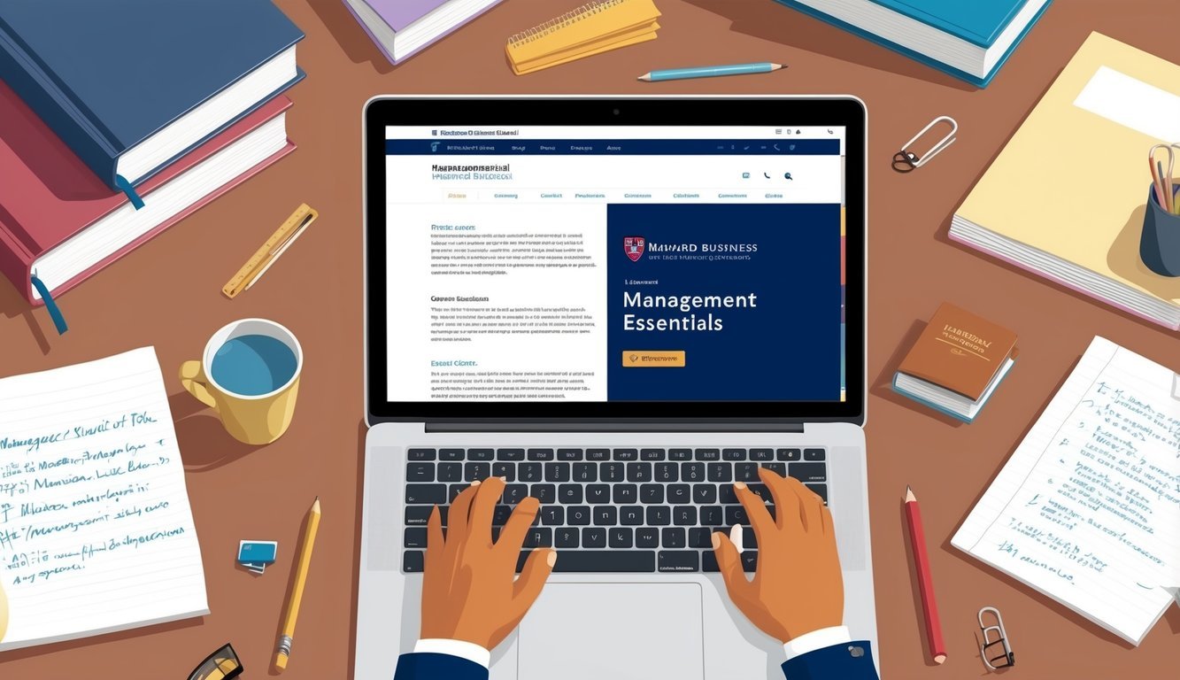 A laptop open to the Harvard Business School's 'Management Essentials' course page, surrounded by books and notes