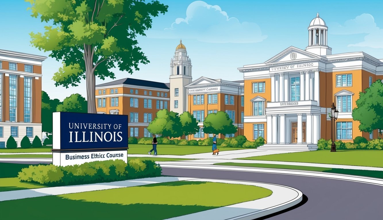 A university campus with a prominent sign for the "University of Illinois" and a group of buildings representing the organization and management of business ethics courses