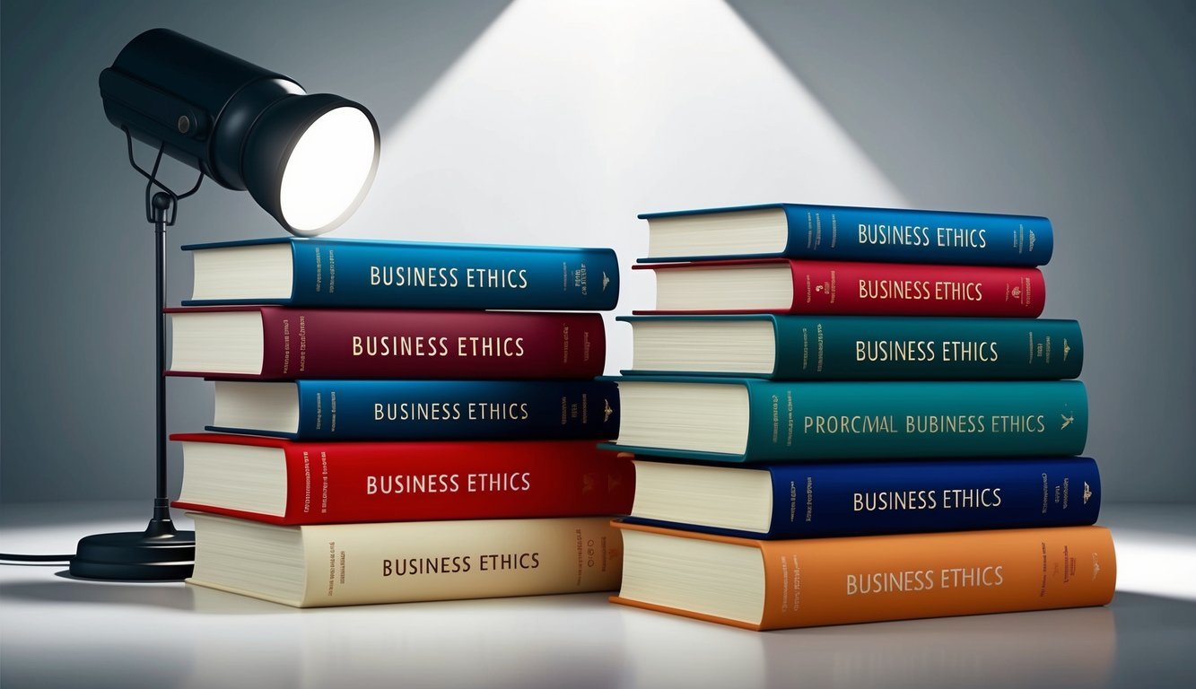 A group of seven books on business ethics arranged in a neat stack with a spotlight shining on them