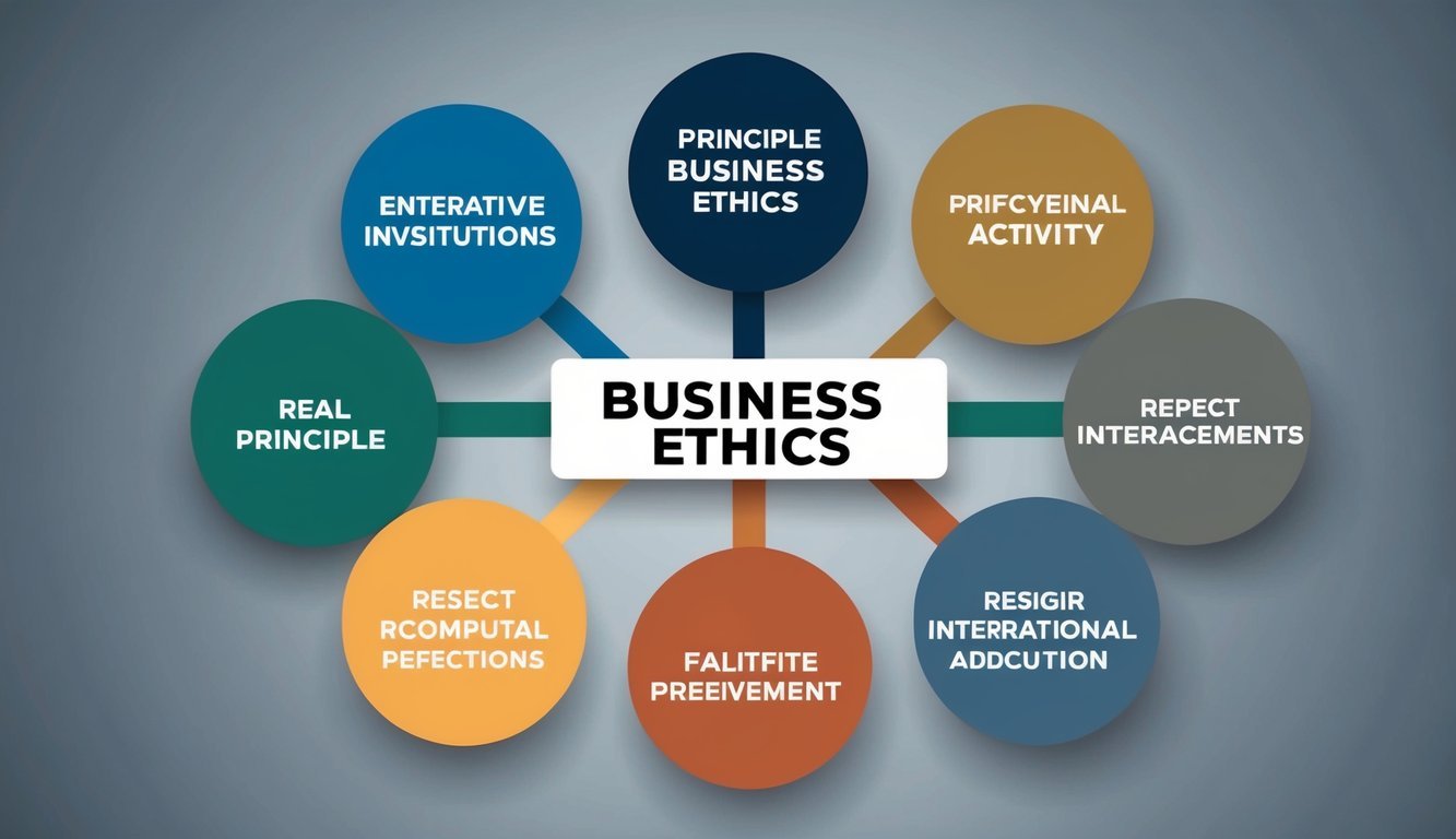 A group of seven interconnected circles, each representing a different principle of business ethics, arranged in a circular pattern