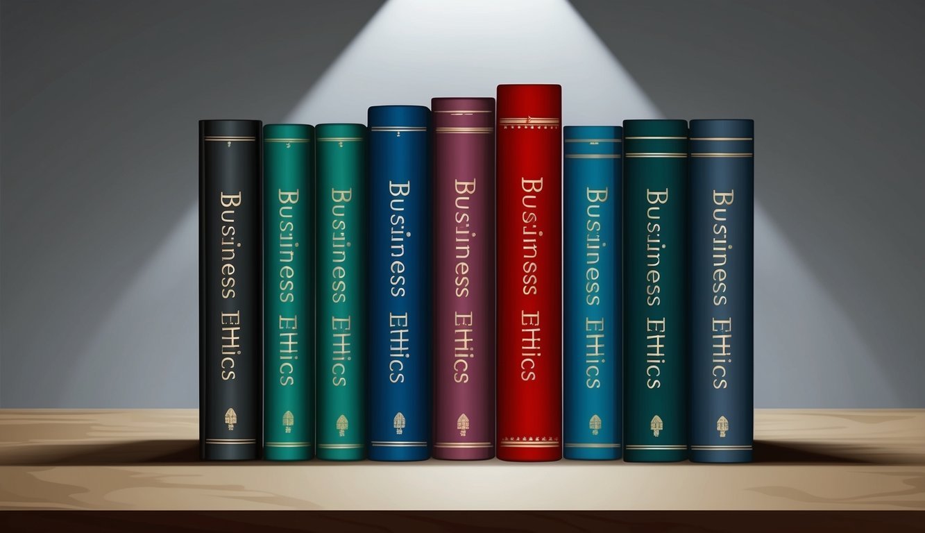 A group of seven books on business ethics arranged in a neat row with a spotlight shining on them