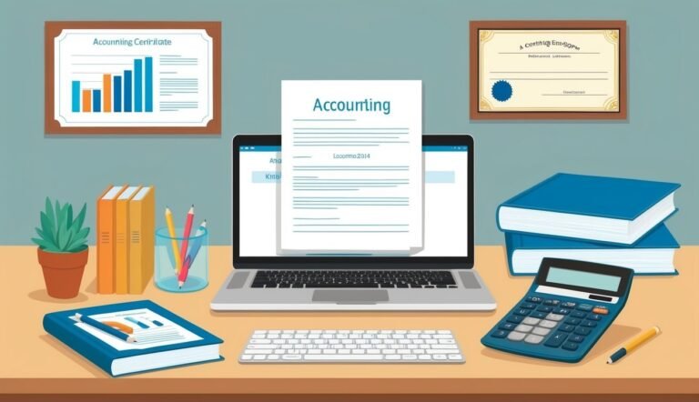 Accounting workspace with laptop, books, calculator, and certificates on the wall