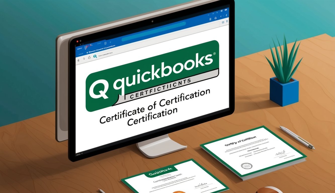 A computer screen displaying QuickBooks logo and a certificate of certification