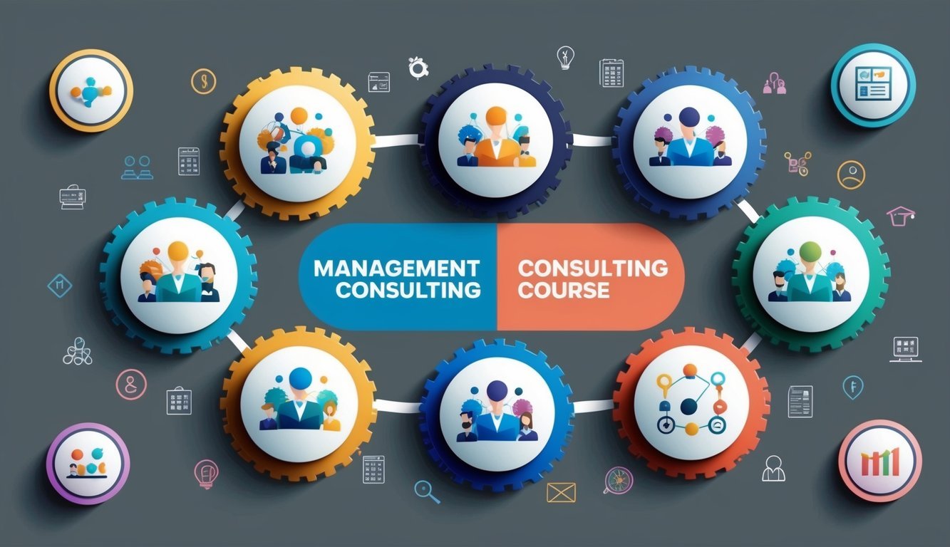 A group of six colorful and engaging management consulting course logos arranged in a circular pattern, surrounded by various business-related symbols and icons