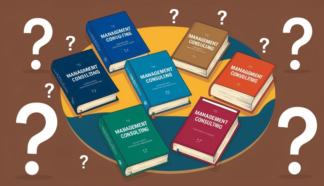 A table with six books on management consulting, surrounded by question marks