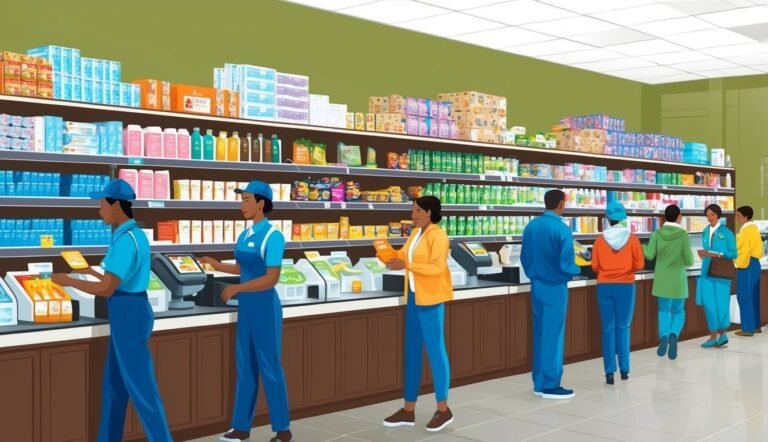 People shopping in a store with shelves of products and cashiers