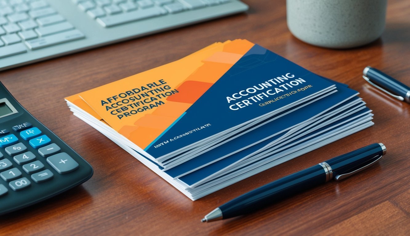 A stack of four affordable accounting certification program brochures arranged neatly on a wooden desk with a calculator and pen next to them