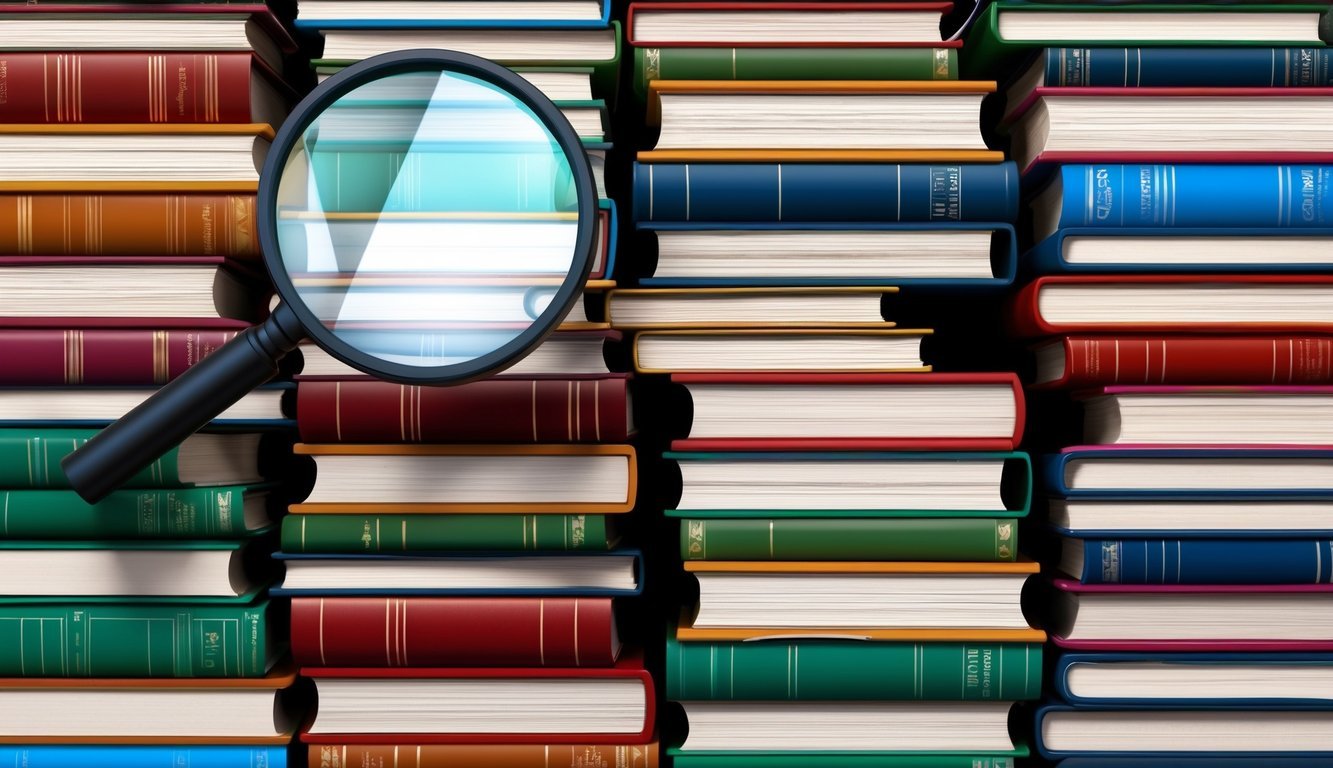 A stack of colorful accounting books with a magnifying glass hovering over them