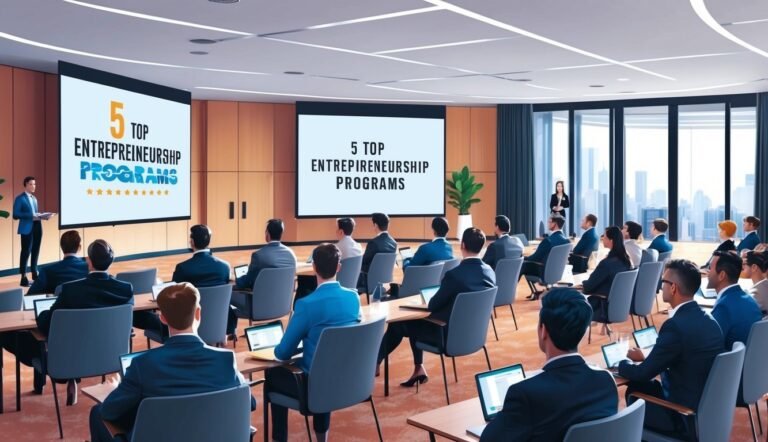 Business seminar with presenter, audience, and screens displaying "5 Top Entrepreneurship Programs."