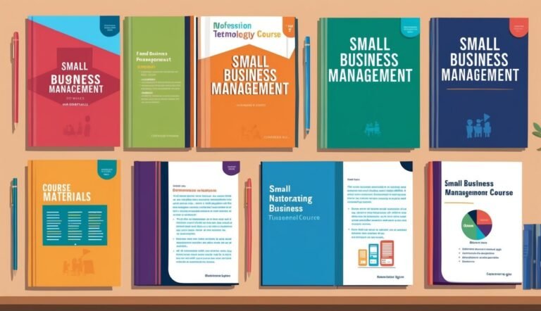Books with "Small Business Management" title, course materials, and business concepts