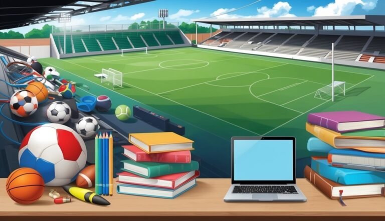 Sports equipment and books on a desk with a stadium in the background