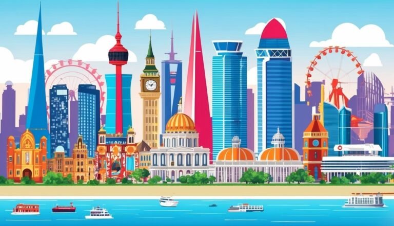 Stylized cityscape with iconic buildings, Ferris wheel, and boats on water