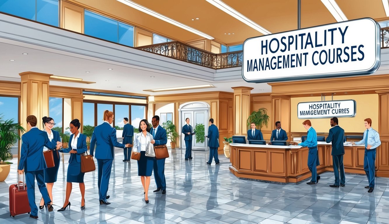 A bustling hotel lobby with guests checking in, staff assisting, and a sign displaying "Hospitality Management Courses" in the background