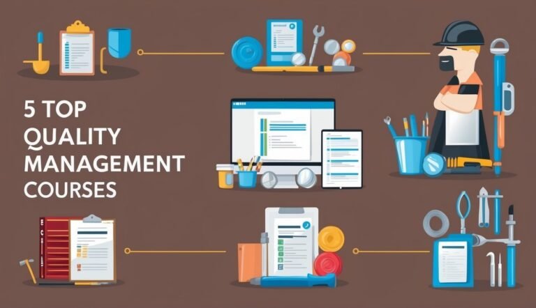 Infographic: 5 top quality management courses, with tools and a worker