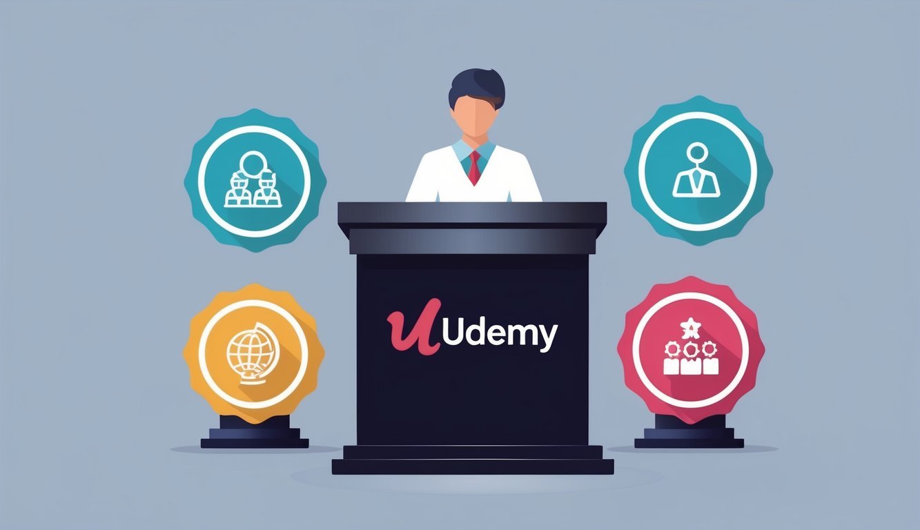 A podium with the Udemy logo, surrounded by five quality management symbols