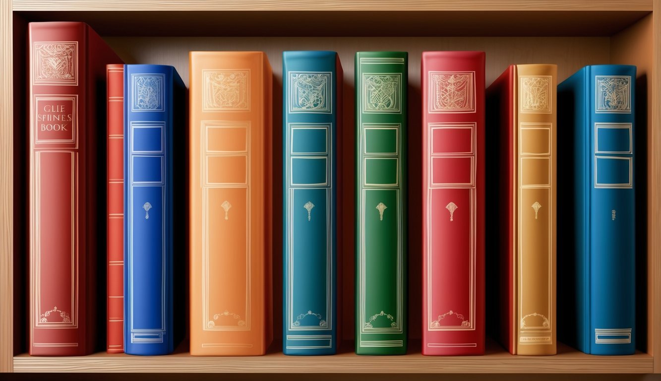 A group of five colorful books arranged neatly on a shelf