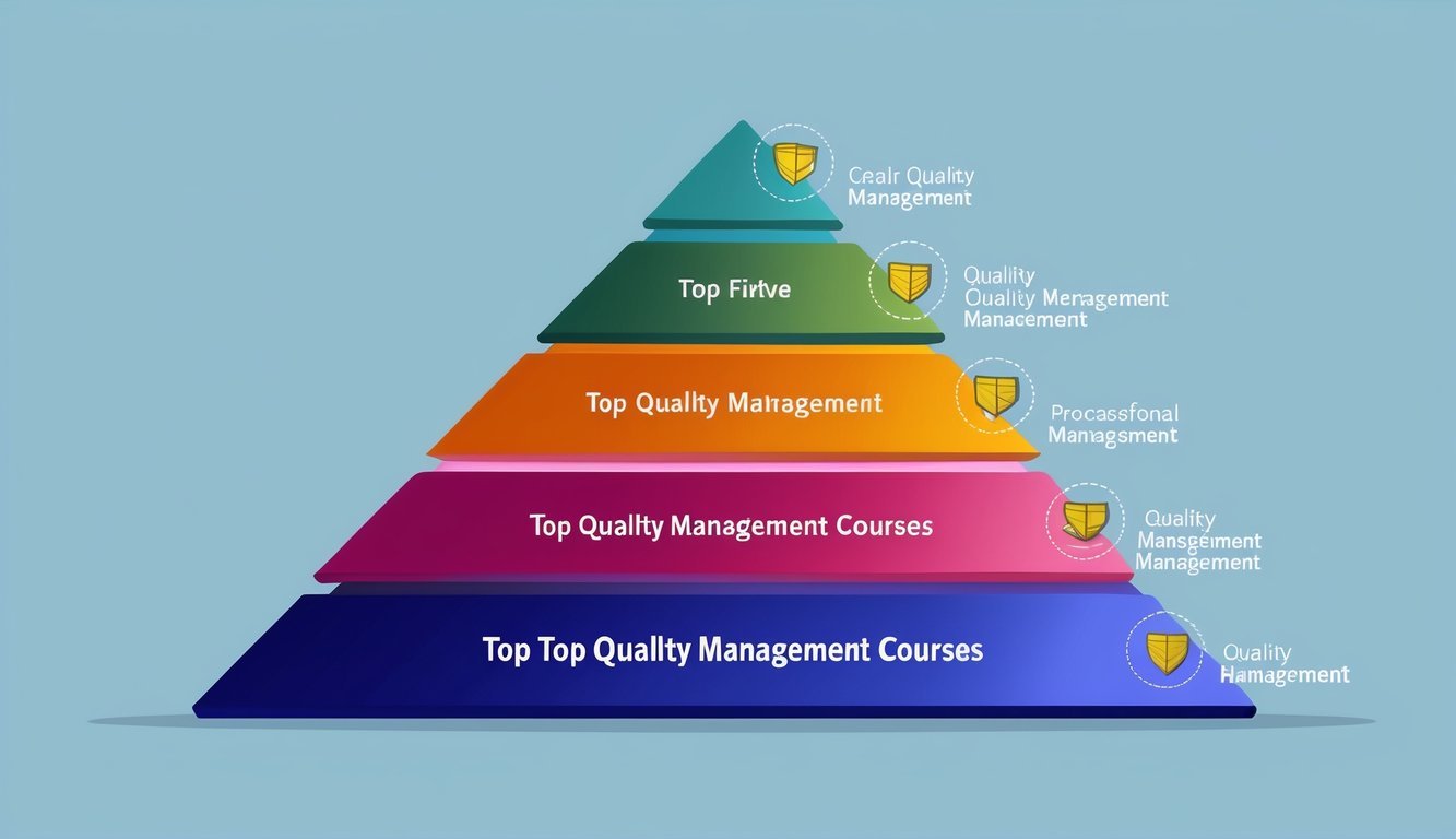 A group of five top quality management courses arranged in a pyramid formation, symbolizing their importance and hierarchy in the field