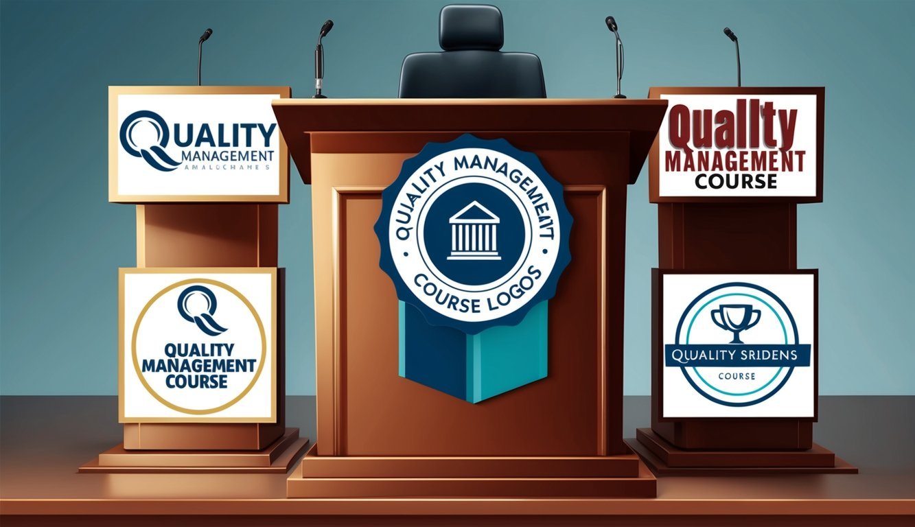 A podium with five different quality management course logos displayed