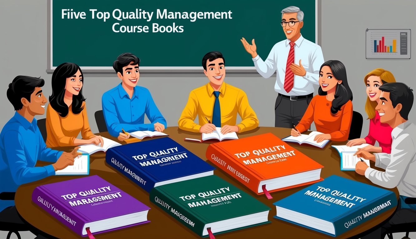 A classroom setting with five top quality management course books arranged neatly on a table, surrounded by eager students and a knowledgeable instructor