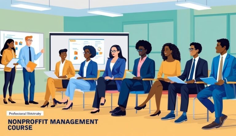 Diverse group of people in a nonprofit management course, listening to a presentation