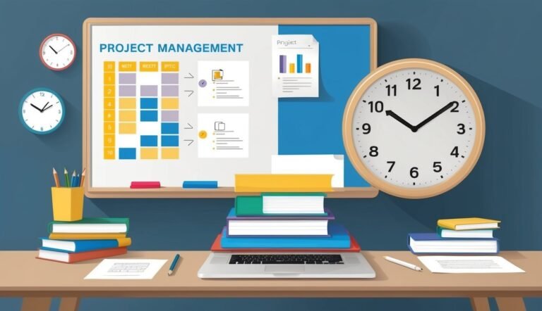 Project management concept with clocks, whiteboard, laptop, and books on a desk