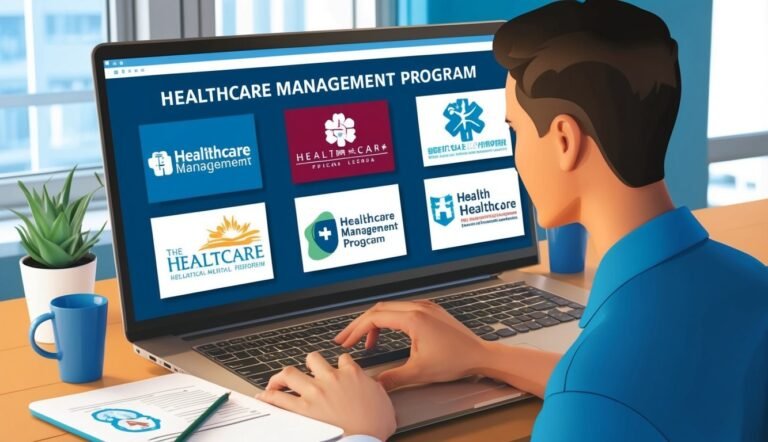Man using laptop with healthcare management program icons on screen