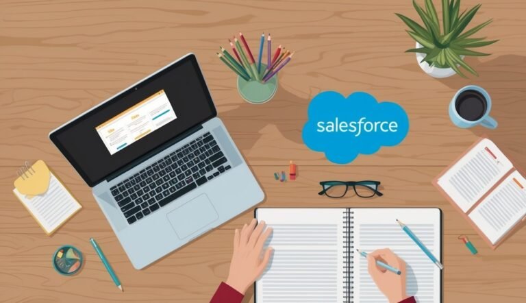 Laptop, Salesforce logo, and desk supplies arranged on a wooden desk