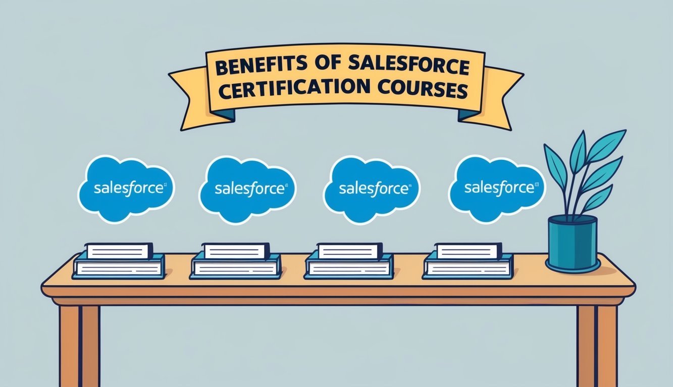 A table with four Salesforce certification course logos and a banner with the text "Benefits of Salesforce Certification Courses" above them