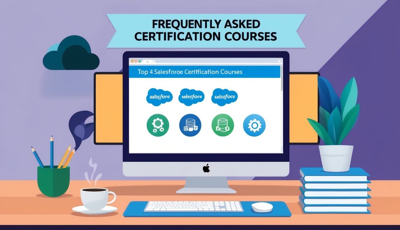 A computer screen displaying icons for the top 4 Salesforce certification courses, with a "Frequently Asked Questions" banner above