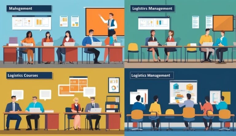 Four panels showing logistics management and courses with people at desks