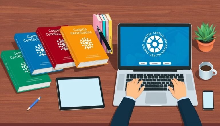 Laptop, books, and tablet on a desk, person typing on the laptop