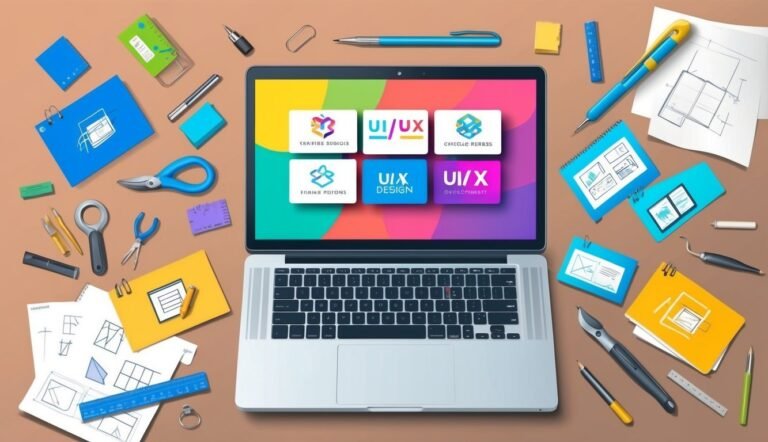 Laptop with UI/UX design logos surrounded by design tools and sketches